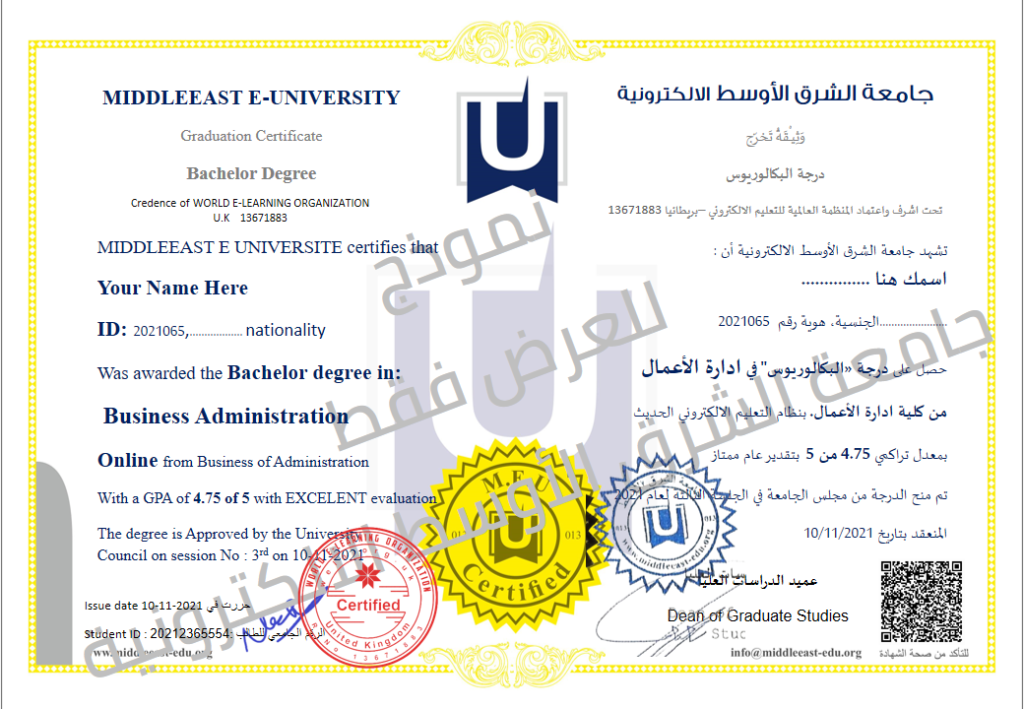 شهادة جامعة الشرق الأوسط الالكترونية 